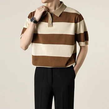 2023 Повседневная полосатая трикотажная рубашка-поло, мужская футболка с короткими рукавами и пуговицами в стиле пэчворк, Дышащая эластичная Легкая роскошь