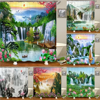3D Печать водопад в китайском стиле Природные Пейзажи Занавеска для душа с крючком Водонепроницаемая занавеска для душа в ванной Комнате Занавески для домашнего декора