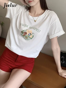 Jielur/ Новые женские футболки с круглым вырезом и принтом, летние Корейские милые универсальные топы, женские модные повседневные свободные футболки
