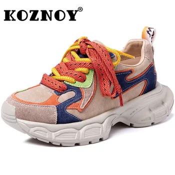 Koznoy 4,5 см, натуральная кожа, Женская Мода, повседневная Осенняя Разноцветная платформа, Весенняя Удобная Роскошная обувь на танкетке, Массивные кроссовки.