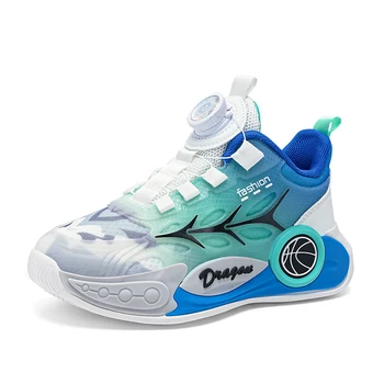 Баскетбольная обувь для мальчиков с вращающимися пуговицами, дышащие студенческие светящиеся в темноте нескользящие амортизирующие кроссовки на пружине