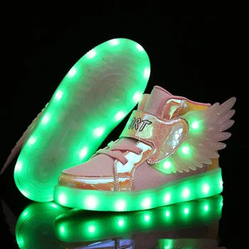 Детские перезаряжаемые светящиеся кроссовки, крылья, Светодиодная светящаяся спортивная обувь, Красочная вспышка, обувь для мальчиков и девочек, Белые студенческие