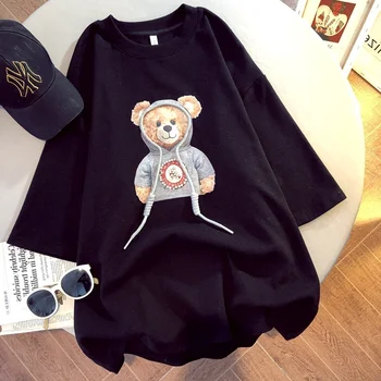 Женская хлопковая футболка, весна-лето, с короткими рукавами, с принтом Медведя, Корейская версия, футболки, Графическая футболка