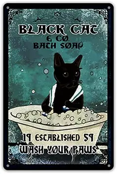 Забавная цитата из ванной, черный кот и металлическая жестяная вывеска для ванной, настенный художественный декор в стиле ретро 