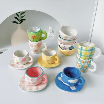 Керамическая чашка ручной работы, набор кофейных чашек и блюдец, миска для десерта, кружка неправильной формы, чайная чашка в стиле ретро с цветочной пудрой