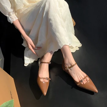 Летние женские босоножки с острыми носками, тонкими ремешками и пряжками, низкие каблуки из воловьей кожи, толстые каблуки, подошва из коровьего сухожилия, женская обувь