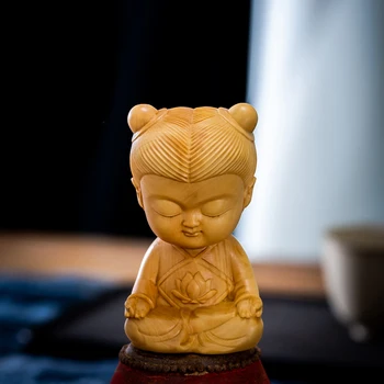 Медитация Нежа 7 см Мультфильм даосизм дзен Третий принц Лотоса Скульптура из цельного дерева Китайский самшит