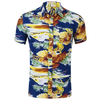 Мужская рубашка в морскую полоску с цветочным принтом, манжеты с коротким рукавом, рубашка с цветочным рисунком на пуговицах, летний топ для песчаного пляжа