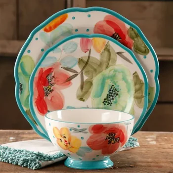 Набор столовой посуды Vintage Bloom из 12 предметов, бирюзовая посуда для здоровья и безопасности