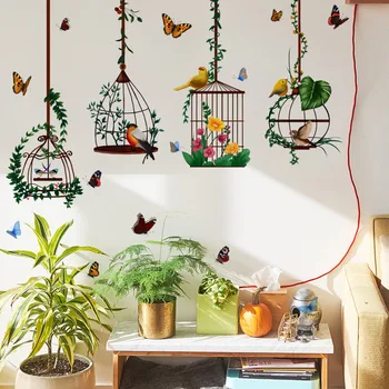 Наклейки на стену в виде птичьей клетки с бабочками, украшение дома, сада, гостиной, спальни, Ботанические обои, наклейка на стену, декор интерьера дома