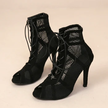 Новое модное шоу Из черной сетчатой ткани с перекрестным ремешком, Пикантные босоножки на высоком каблуке, женская обувь, туфли-лодочки, босоножки с открытым носком на шнуровке, Повседневная сетка