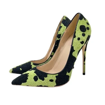 Новые женские зеленые черные плюшевые туфли с острым носком на высоком каблуке, пикантные женские туфли знаменитостей на высоком каблуке для вечеринок, женские тонкие туфли на высоком каблуке
