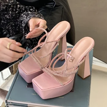 Сандалии Eilyken с кристаллами на экстремальном квадратном каблуке, модные женские туфли на платформе с открытым носком и пряжкой на щиколотке для стриптиза
