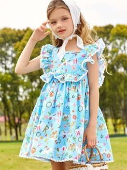 Синее платье для девочек, Летнее платье принцессы с цветочным принтом и оборками