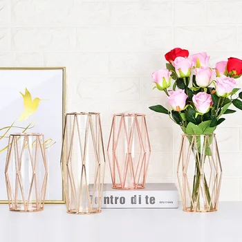 Скандинавская ваза для искусственных цветов в форме фонаря, Железная Художественная Стеклянная ваза, Подставка для растений, Бутылка, Позолоченный Цветочный горшок, Свадебное украшение