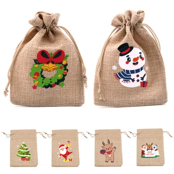 Сумки из натурального джута 10x14 см, Рождественский подарочный пакет на шнурке, мешочки, красивый браслет, сумки для упаковки конфет, ювелирных изделий, карман для новогоднего подарка