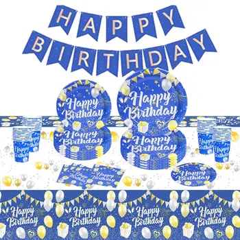 Темно-синий набор одноразовой посуды для вечеринок, Бумажная тарелка, чашка, украшения для вечеринки с Днем рождения, принадлежности для вечеринки в честь Дня рождения для мальчиков