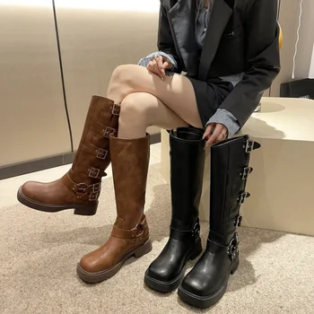 Трендовые женские ботинки на платформе, высокие сапоги-бочонки, модные рыцарские ботинки в стиле ретро, женская обувь Sapatos Feminino, Bota Feminina 2024 г.