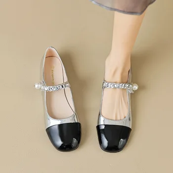 Туфли Mary Jane с круглым носком, женские туфли на плоской подошве с жемчужной цепочкой, лодочки на плоской подошве