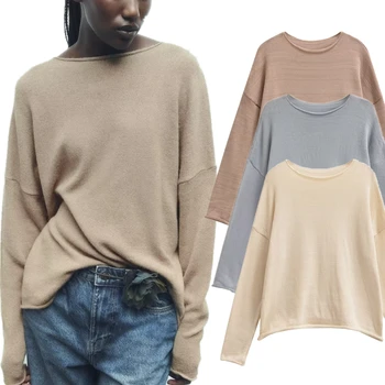 Увядшие 2023, Модные Простые многоцветные свитера с круглым вырезом, Осень, Новый базовый стиль, заниженные плечи, Свободный топ Для женщин